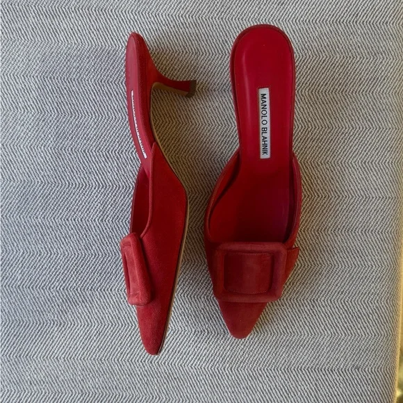Manolo Blahnik Red Suede Maysale Mules - Picture 3 of 4